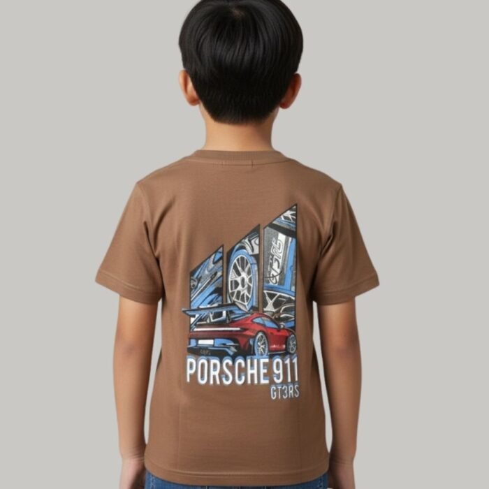 porsche 911 embossed logo tee with prints at back for young boys brown