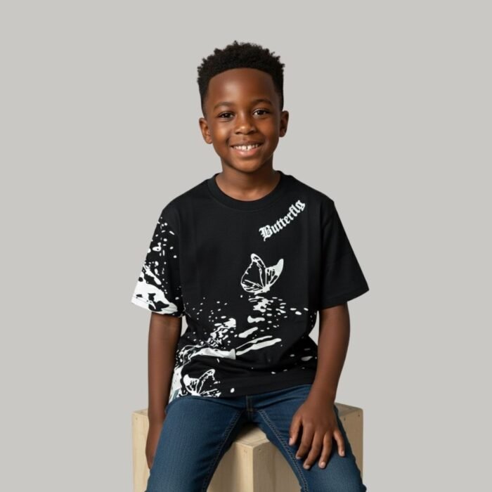 black loop knit t shirt with butterfly prints for kids