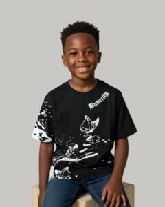 black loop knit t shirt with butterfly prints for kids