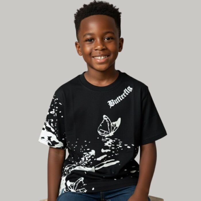 black loop knit t shirt with butterfly prints for kids