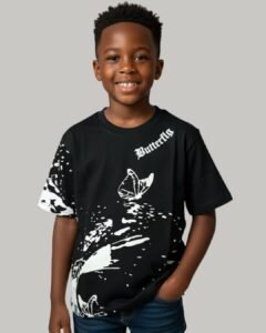 black loop knit t shirt with butterfly prints for kids