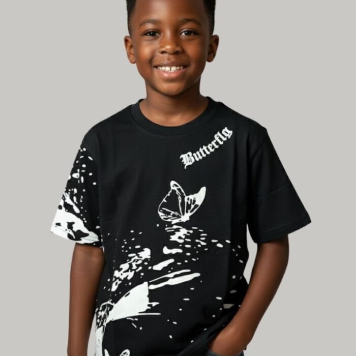 black loop knit t shirt with butterfly prints for kids