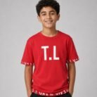 red loop knit t shirt with bold prints for kids