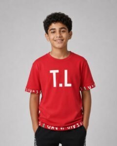 red loop knit t shirt with bold prints for kids