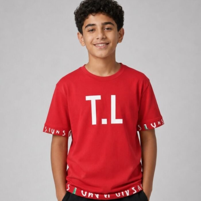 red loop knit t shirt with bold prints for kids