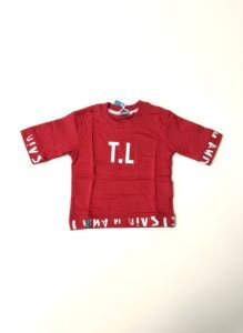 red loop knit t shirt with bold prints for kids
