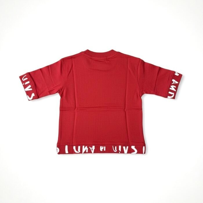 red loop knit t shirt with bold prints for kids