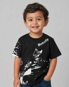 black loop knit t shirt with butterfly prints for kids