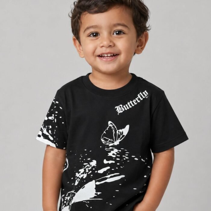 black loop knit t shirt with butterfly prints for kids