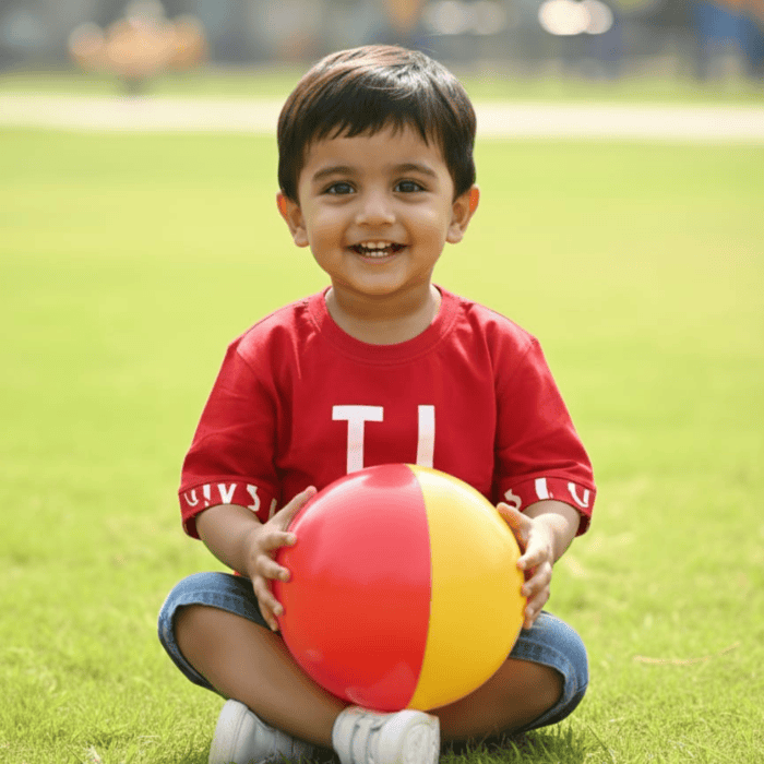 red loop knit t shirt with bold prints for kids