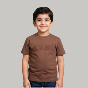 brown embosed loop knit t shirt with prints at back for kids