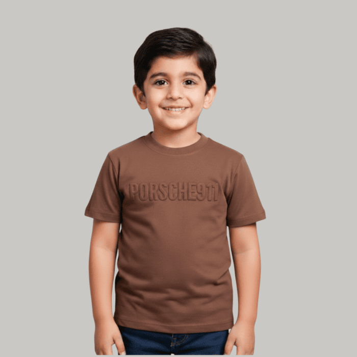 brown embosed loop knit t shirt with prints at back for kids