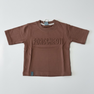 brown embosed loop knit t shirt with prints at back for kids