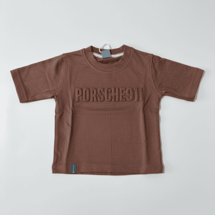 brown embosed loop knit t shirt with prints at back for kids